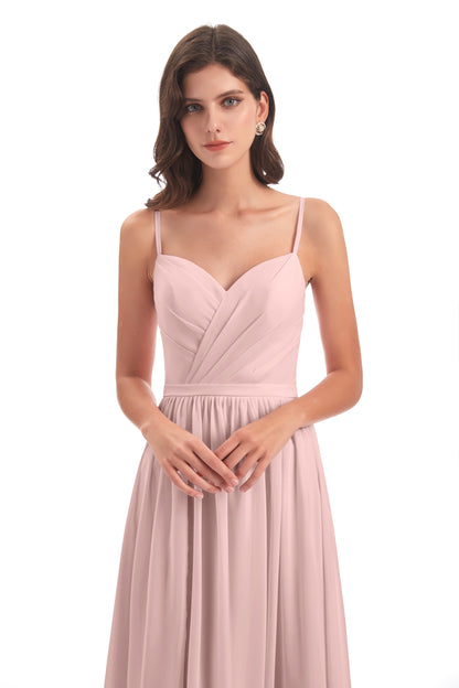 Kimora Spaghetti Straps Chiffon Long Bridesmaid Dresses with Slit