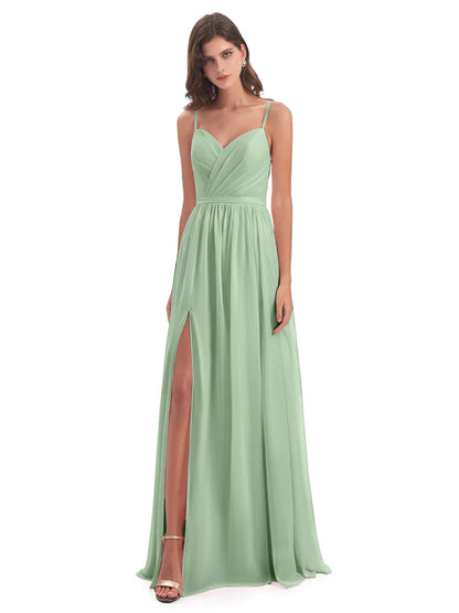 Kimora Spaghetti Straps Chiffon Long Bridesmaid Dresses with Slit