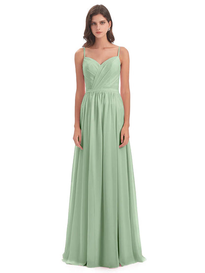 Kimora Spaghetti Straps Chiffon Long Bridesmaid Dresses with Slit