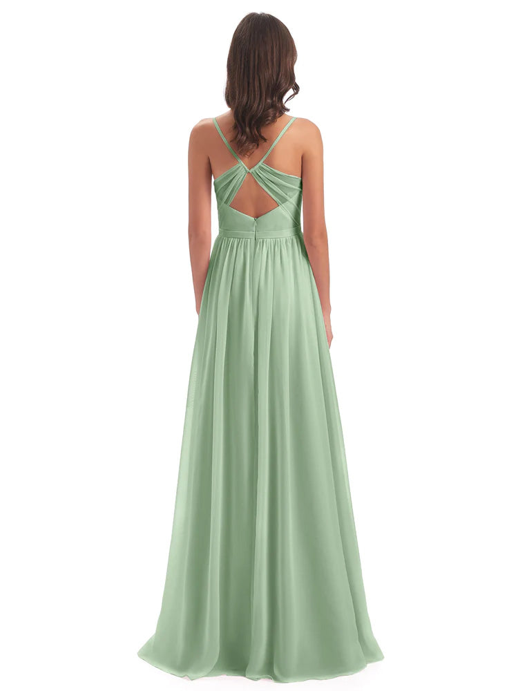 Kimora Spaghetti Straps Chiffon Long Bridesmaid Dresses with Slit