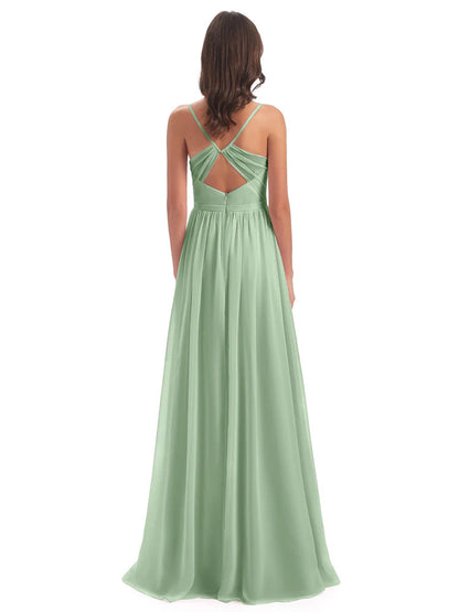 Kimora Spaghetti Straps Chiffon Long Bridesmaid Dresses with Slit