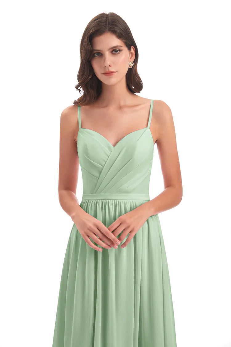 Kimora Spaghetti Straps Chiffon Long Bridesmaid Dresses with Slit