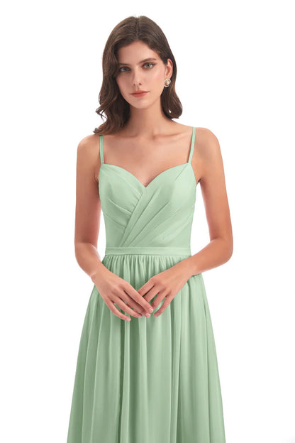 Kimora Spaghetti Straps Chiffon Long Bridesmaid Dresses with Slit