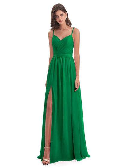 Kimora Spaghetti Straps Chiffon Long Bridesmaid Dresses with Slit