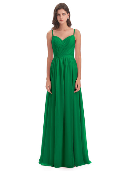 Kimora Spaghetti Straps Chiffon Long Bridesmaid Dresses with Slit