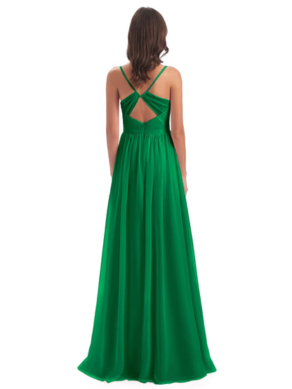Kimora Spaghetti Straps Chiffon Long Bridesmaid Dresses with Slit