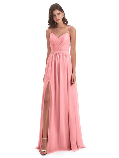 Kimora Spaghetti Straps Chiffon Long Bridesmaid Dresses with Slit