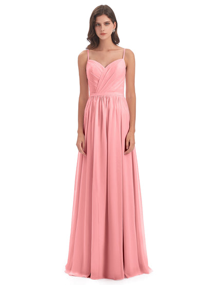 Kimora Spaghetti Straps Chiffon Long Bridesmaid Dresses with Slit