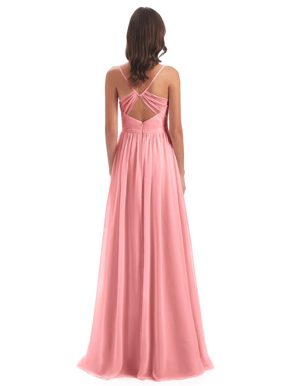 Kimora Spaghetti Straps Chiffon Long Bridesmaid Dresses with Slit