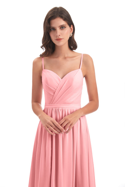 Kimora Spaghetti Straps Chiffon Long Bridesmaid Dresses with Slit