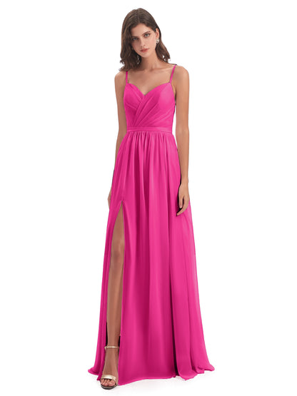 Kimora Spaghetti Straps Chiffon Long Bridesmaid Dresses with Slit