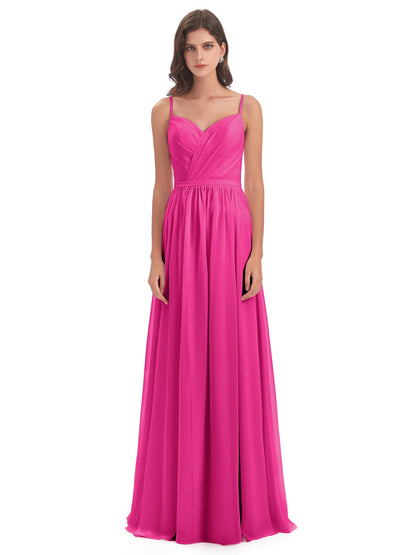 Kimora Spaghetti Straps Chiffon Long Bridesmaid Dresses with Slit