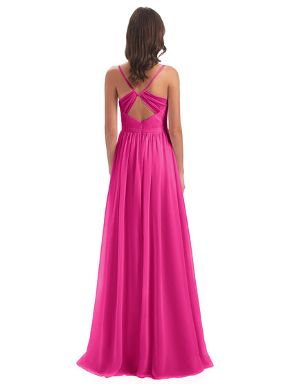 Kimora Spaghetti Straps Chiffon Long Bridesmaid Dresses with Slit