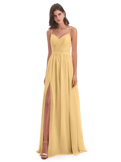 Kimora Spaghetti Straps Chiffon Long Bridesmaid Dresses with Slit