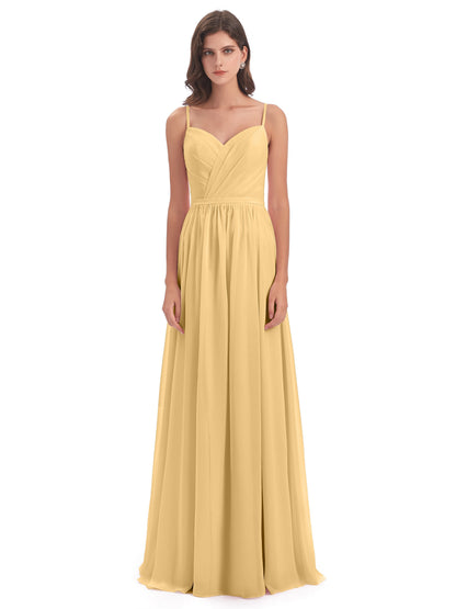 Kimora Spaghetti Straps Chiffon Long Bridesmaid Dresses with Slit