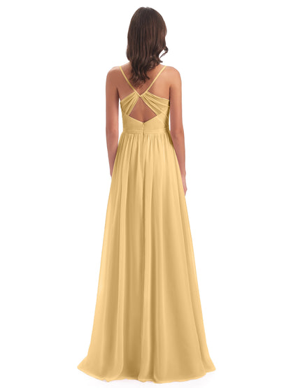 Kimora Spaghetti Straps Chiffon Long Bridesmaid Dresses with Slit