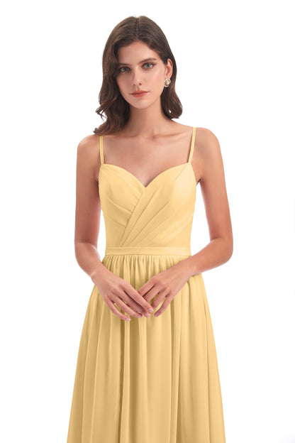 Kimora Spaghetti Straps Chiffon Long Bridesmaid Dresses with Slit