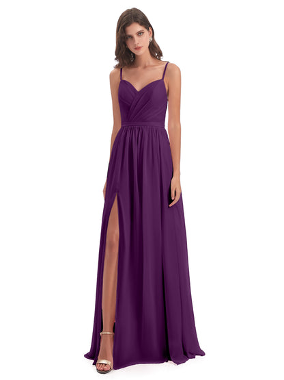 Kimora Spaghetti Straps Chiffon Long Bridesmaid Dresses with Slit