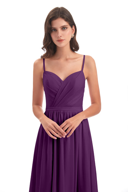Kimora Spaghetti Straps Chiffon Long Bridesmaid Dresses with Slit