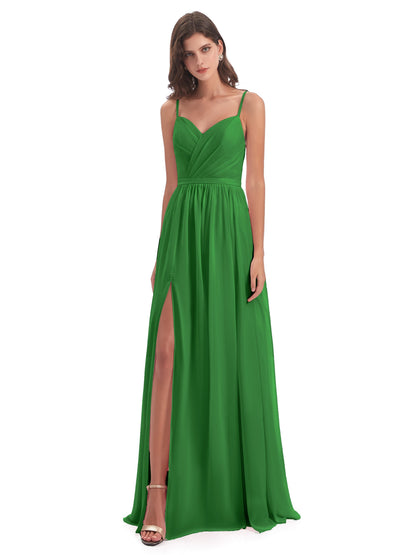 Kimora Spaghetti Straps Chiffon Long Bridesmaid Dresses with Slit