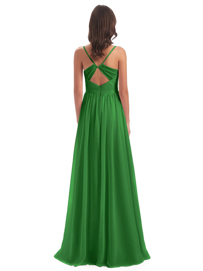 Kimora Spaghetti Straps Chiffon Long Bridesmaid Dresses with Slit