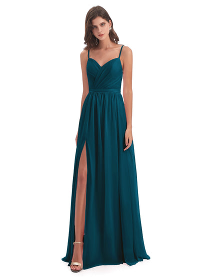 Kimora Spaghetti Straps Chiffon Long Bridesmaid Dresses with Slit