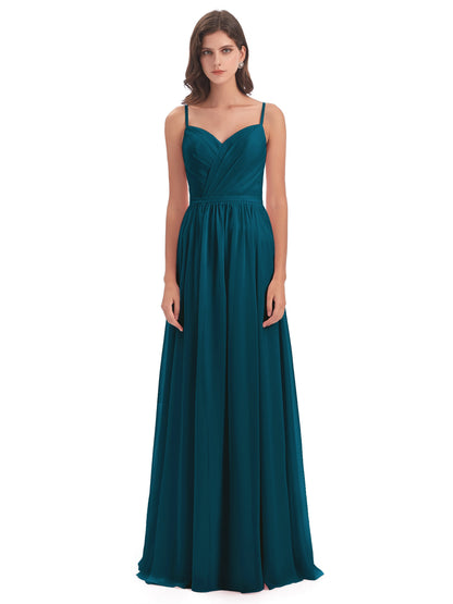 Kimora Spaghetti Straps Chiffon Long Bridesmaid Dresses with Slit