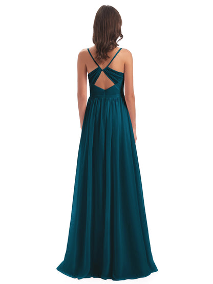Kimora Spaghetti Straps Chiffon Long Bridesmaid Dresses with Slit
