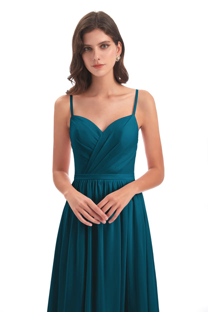 Kimora Spaghetti Straps Chiffon Long Bridesmaid Dresses with Slit