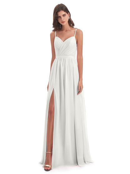 Kimora Spaghetti Straps Chiffon Long Bridesmaid Dresses with Slit