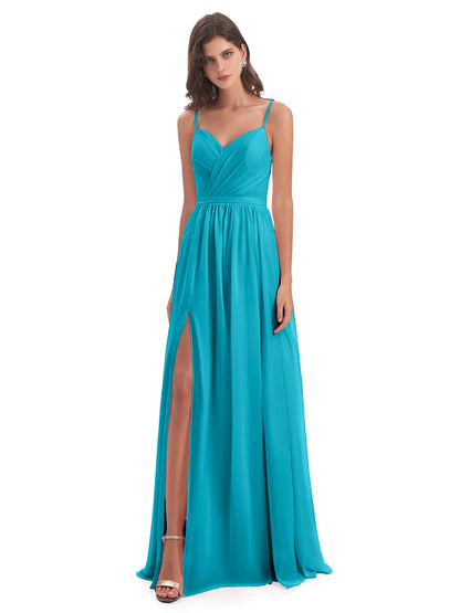 Kimora Spaghetti Straps Chiffon Long Bridesmaid Dresses with Slit