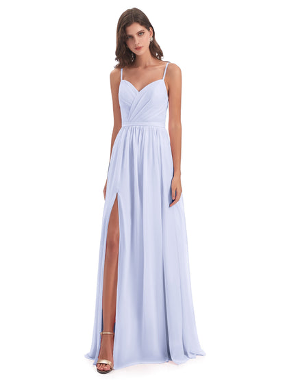 Kimora Spaghetti Straps Chiffon Long Bridesmaid Dresses with Slit