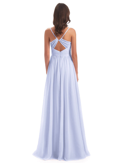 Kimora Spaghetti Straps Chiffon Long Bridesmaid Dresses with Slit