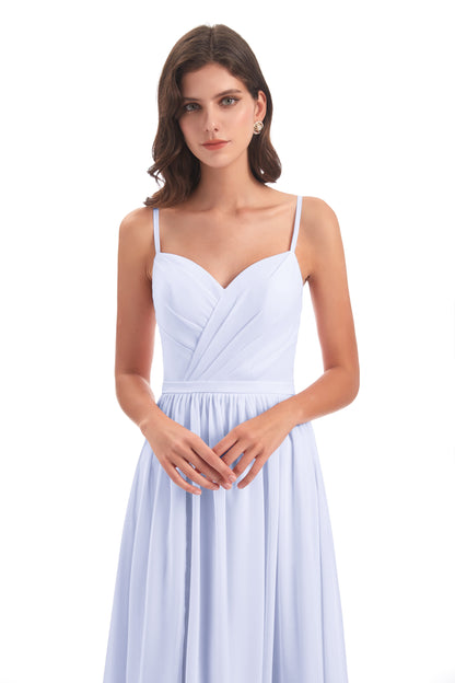 Kimora Spaghetti Straps Chiffon Long Bridesmaid Dresses with Slit