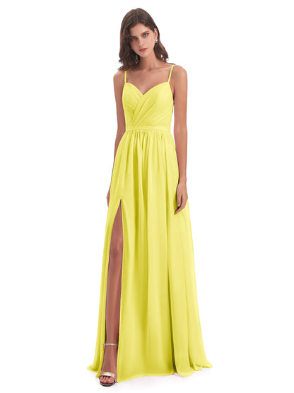 Kimora Spaghetti Straps Chiffon Long Bridesmaid Dresses with Slit