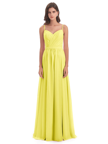 Kimora Spaghetti Straps Chiffon Long Bridesmaid Dresses with Slit