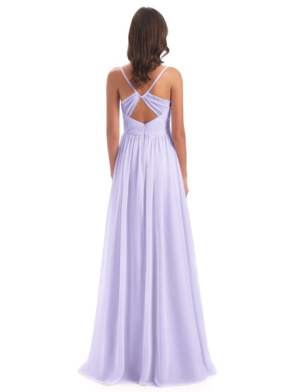 Kimora Spaghetti Straps Chiffon Long Bridesmaid Dresses with Slit