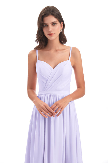 Kimora Spaghetti Straps Chiffon Long Bridesmaid Dresses with Slit