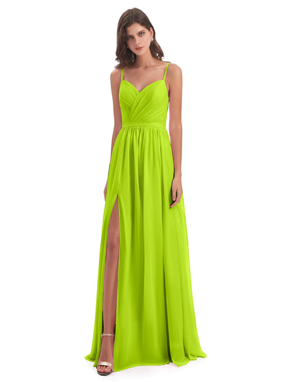 Kimora Spaghetti Straps Chiffon Long Bridesmaid Dresses with Slit