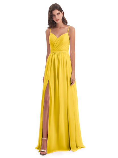 Kimora Spaghetti Straps Chiffon Long Bridesmaid Dresses with Slit