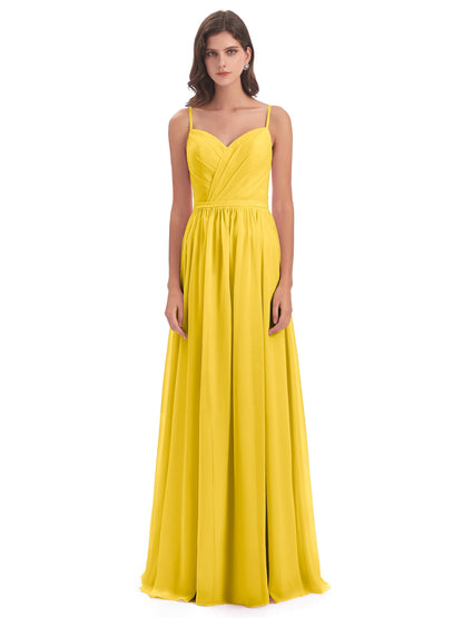 Kimora Spaghetti Straps Chiffon Long Bridesmaid Dresses with Slit