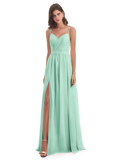 Kimora Spaghetti Straps Chiffon Long Bridesmaid Dresses with Slit