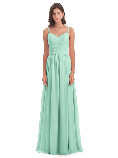 Kimora Spaghetti Straps Chiffon Long Bridesmaid Dresses with Slit