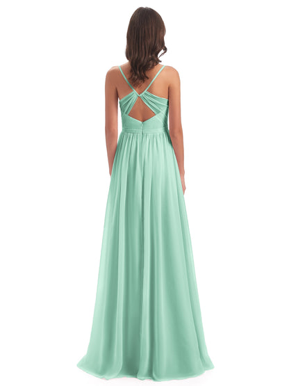 Kimora Spaghetti Straps Chiffon Long Bridesmaid Dresses with Slit