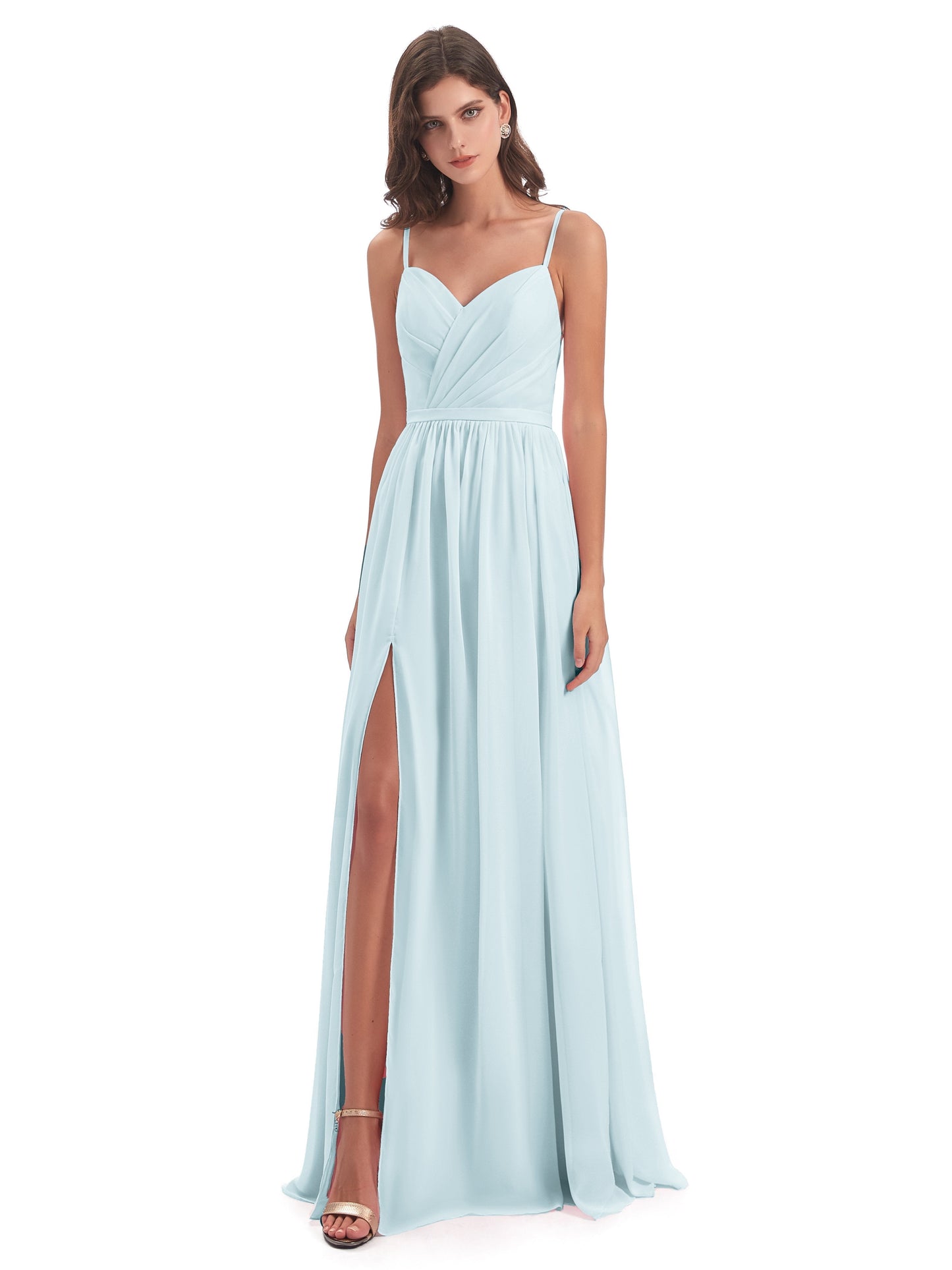 Kimora Spaghetti Straps Chiffon Long Bridesmaid Dresses with Slit