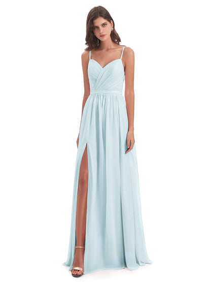 Kimora Spaghetti Straps Chiffon Long Bridesmaid Dresses with Slit