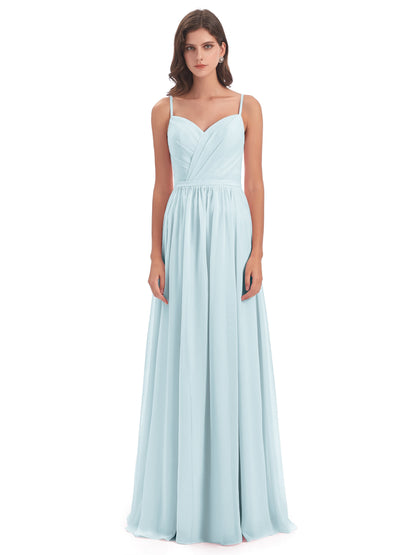 Kimora Spaghetti Straps Chiffon Long Bridesmaid Dresses with Slit