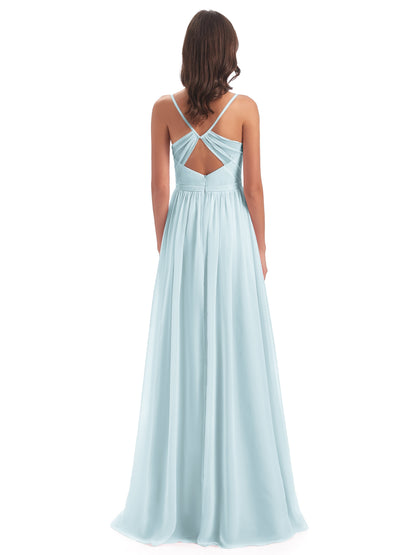 Kimora Spaghetti Straps Chiffon Long Bridesmaid Dresses with Slit