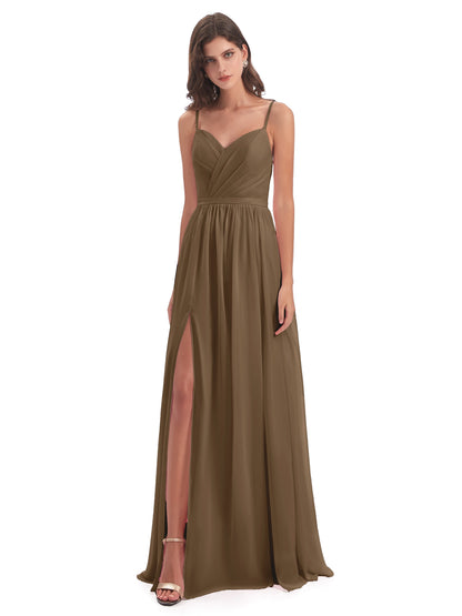 Kimora Spaghetti Straps Chiffon Long Bridesmaid Dresses with Slit