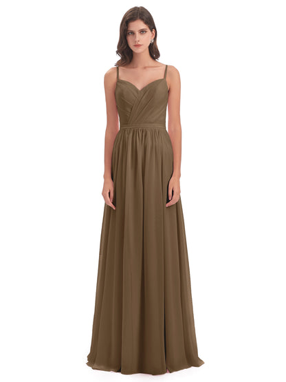 Kimora Spaghetti Straps Chiffon Long Bridesmaid Dresses with Slit